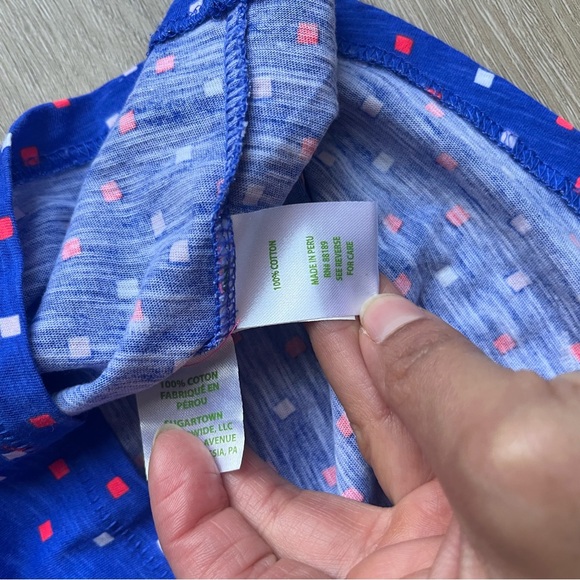 Lilly Pulitzer Etta V-neck Top borealis blue Lilly squared pattern SZ L Cotton - Picture 7 of 8